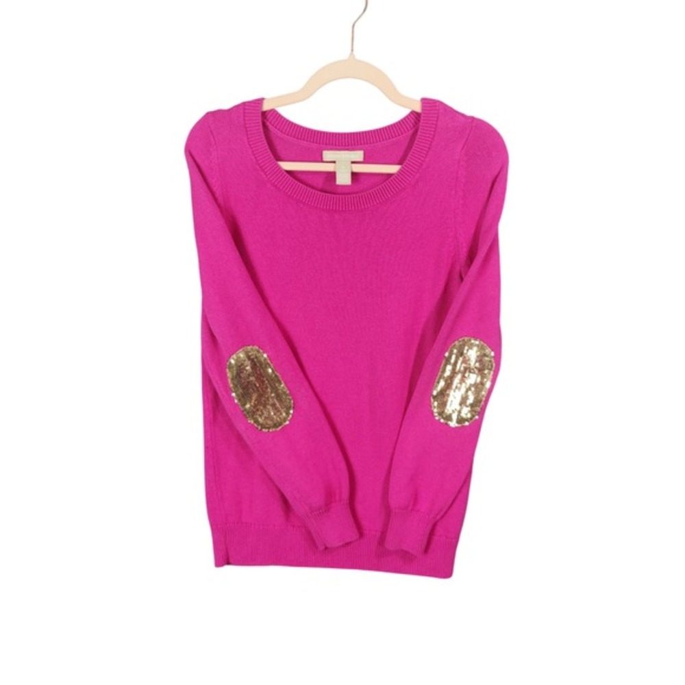 Banana Republic Womens Glam Sequin Angora Blend Elbow Patch Sweater M Party Pink